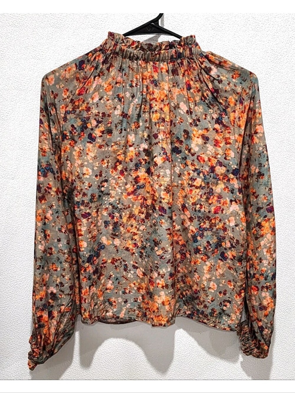 Marie Oliver XS Abstract Floral Silk Blend Blouse Mock Neck Gathered Long Sleeve